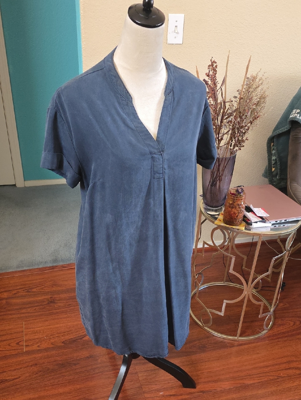 Hilary Radley Slate Blue V-Neck Short Sleeve Dress